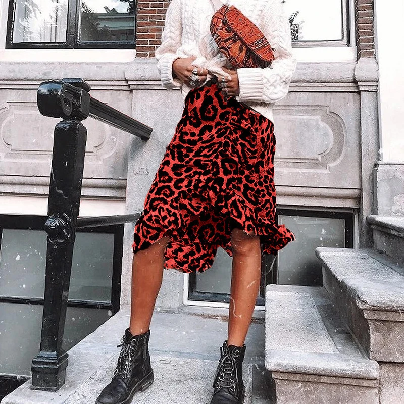 Женская винтажная длинная юбка eopard красная офисная миди с высокой талией и