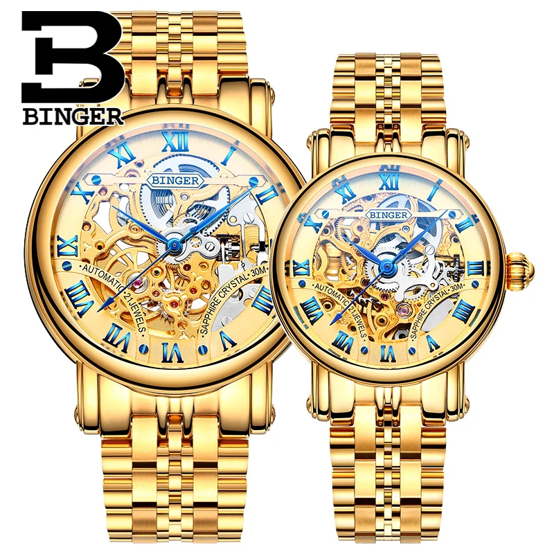 Genuine Luxury BINGER Brand Men Women skeleton watch automatic mechanical self-wind steel couple hollow waterproof male female