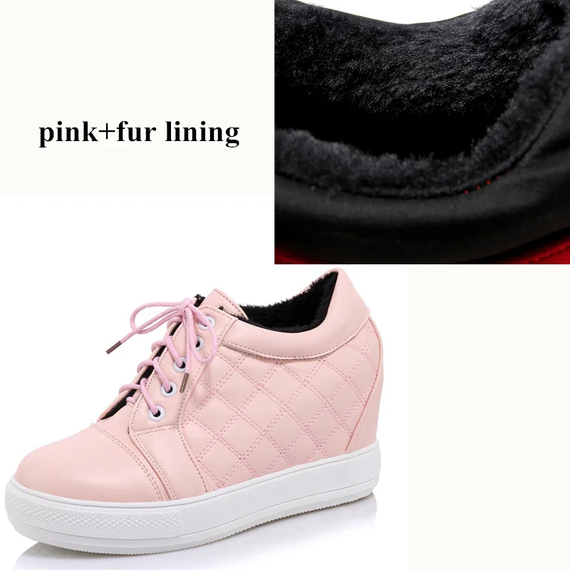 pink with fur Вулканизированная обувь; женские кроссовки с мехом; Дизайнерские кроссовки на скрытом каблуке; зимние меховые теплые кроссовки; цвет черный, белый, розовый; женская обувь - Цвет: pink with fur