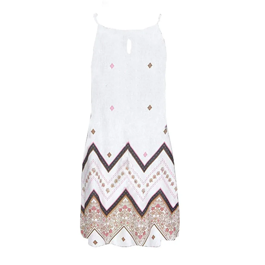 Летнее платье для женщин модные пляжные платья Холтер шеи Boho печати без рукавов повседневное мини пляжное платье Сарафан элегантное