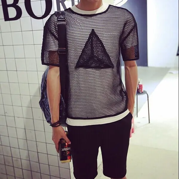 Мужская Клубная футболка с коротким рукавом черные/белые облегающие сетчатые