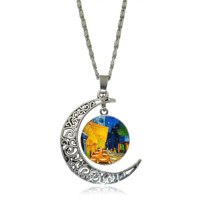 EJ Glaze Van Gogh Cafe Terrace Necklace Fashion Long Chain With Crescent Shaped Jewelry For Women Jewellery | Украшения и