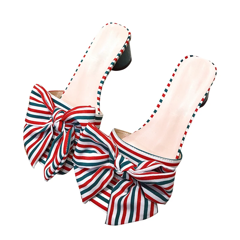 

Red Green mixed color Striped designer woman summer sandals retro style bowknot decor open toe slippers slip-on flat female shoe
