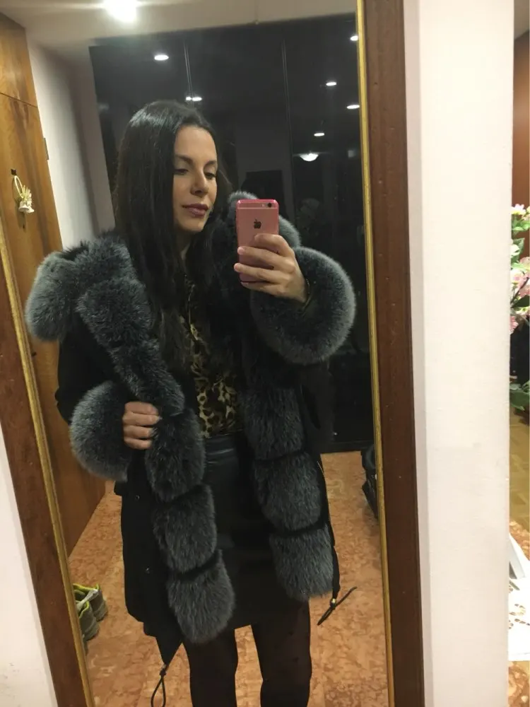 Женская парка с подкладкой из натурального Лисьего меха|real fox fur|genuine furfox fur |
