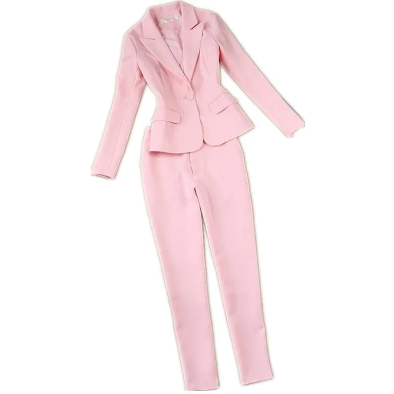 Женский офисный костюм розовый пиджак и брюки комплект из 2 предметов|Брючные