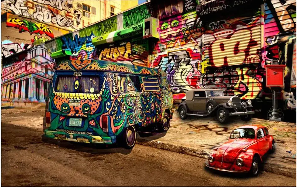 Пользовательские фото 3d комнатные обои в стиле хип-хоп граффити автобус KTV бар