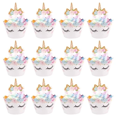 Cupcake Wrappers 12p Huiran одноразовая посуда с единорогом, бумажные тарелки, чашки с единорогом, декор для вечеринки на день рождения, Детские принадлежности для вечеринки, для девочек - Цвет: Cupcake Wrappers 12p