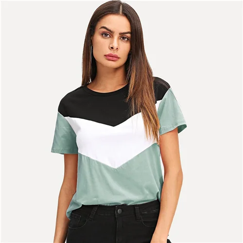 Мятный SweatyRocks Cut and Sew Tee многоцветный короткий рукав круглый вырез пэчворк повседневные топы женские летние Athleisure футболка с цветными деталями - Цвет: Мятный
