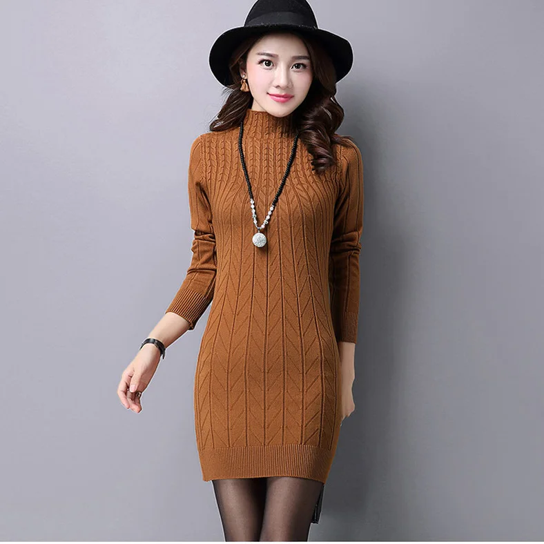 Женское трикотажное хлопковое платье свитер однотонное облегающее с воротником