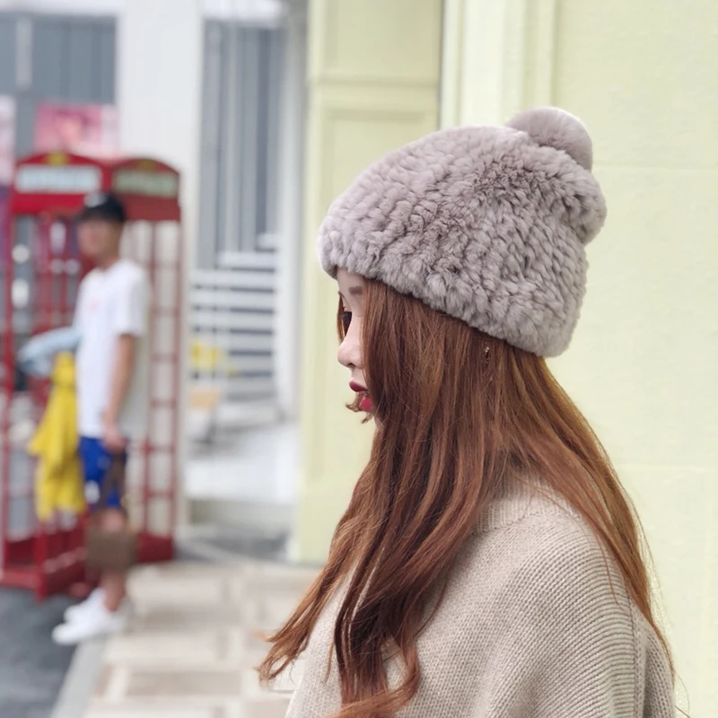 Fashion Womens Real Rex Rabbit Fur Hats with Stripe Design Cute Ladies Winter Warm Rex Rabbit Fur Caps