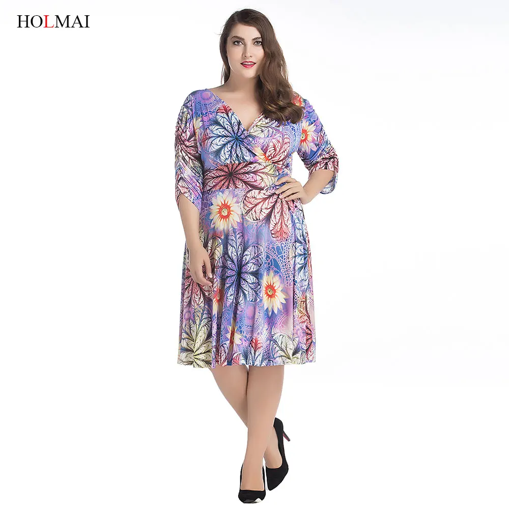 L-7xl элегантная женщина цветочный принт плюс размер богемный пляж dress летние дамы