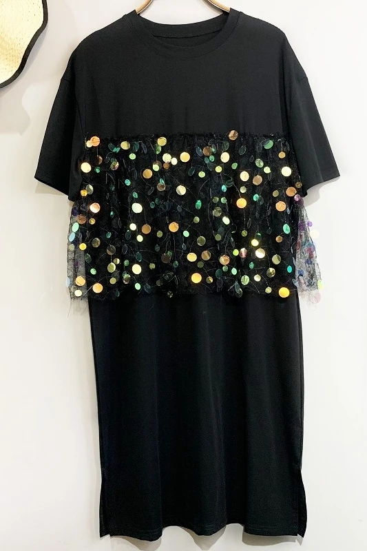 QING MO Women Black Sequin Dress Summer T Shirt Short Sleeve Knee-Length 2020 Hot ZQY1067 | Женская одежда