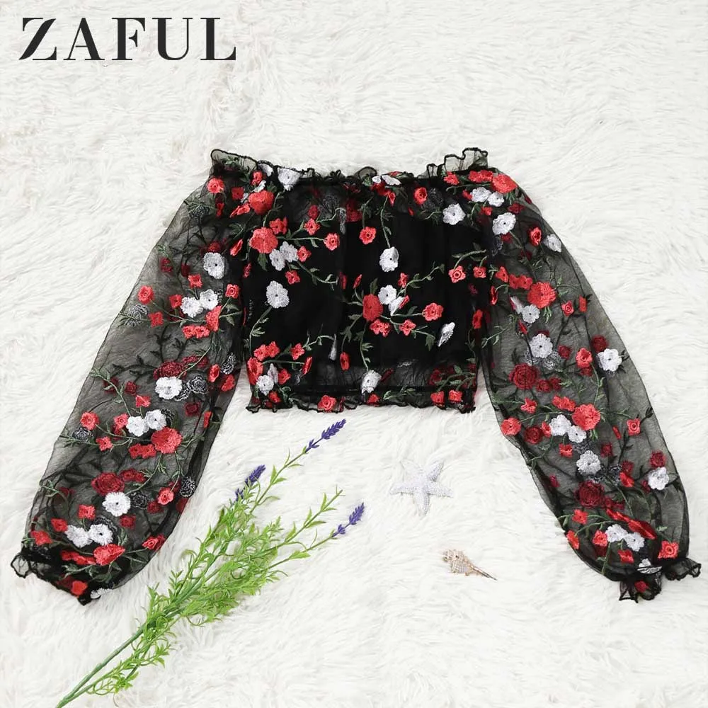ZAFUL Симпатичные Женщины Повседневная Блузка Рубашка Женская Мода Вышитые С Плеча