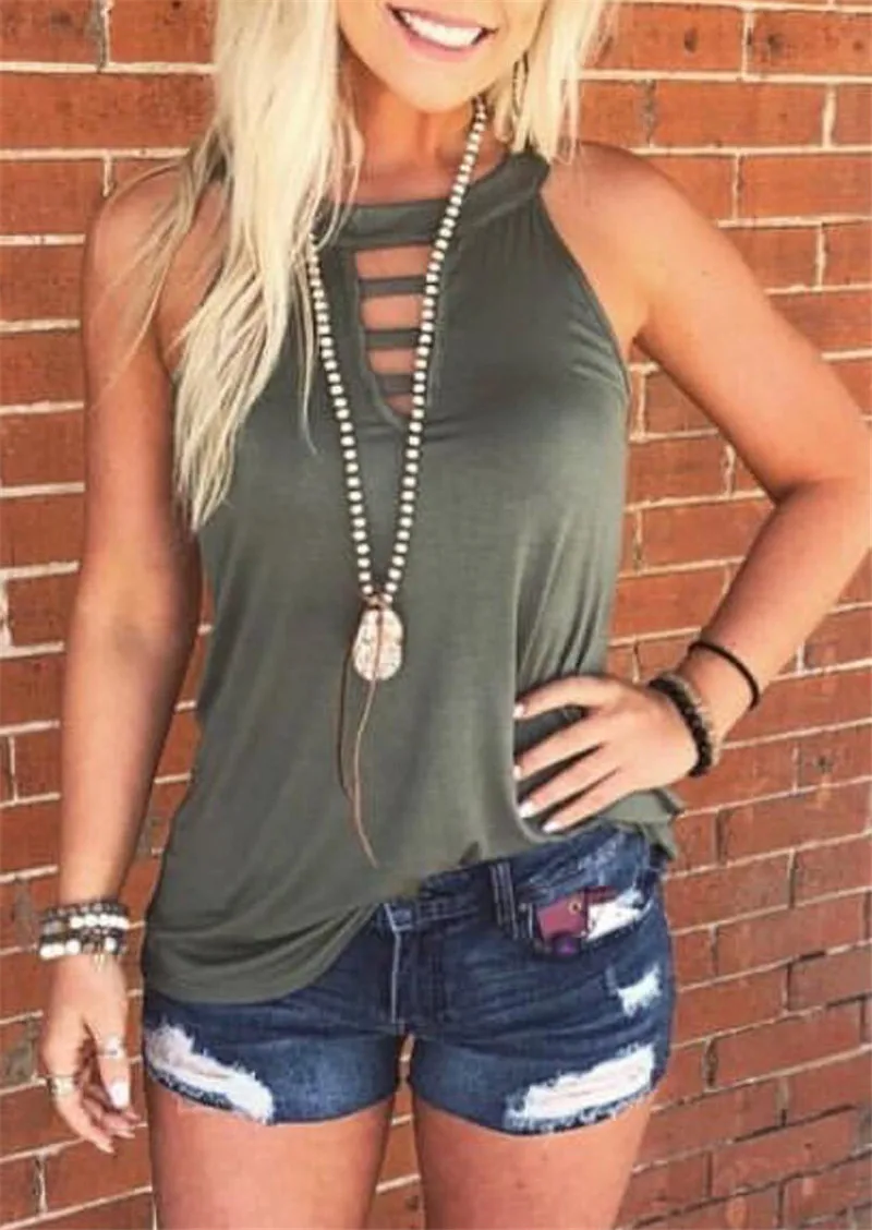 

Hollow Out Tank Top Women Summer Sleeveless Tees 2019 New Sexy Tanks Casual Green Black Top Female Solid Camis