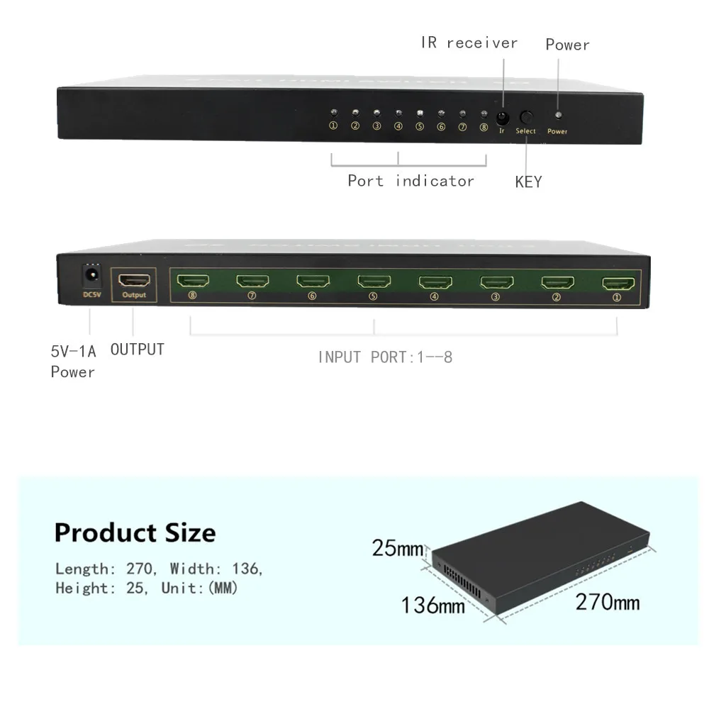 Переключатель HDMI 8 входов и 1 выход видео KVM устройство переключения для