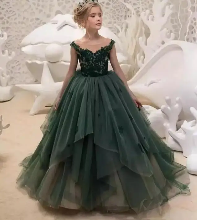 Зеленые платья с цветами для девочек на свадьбу новинка 2019 года пышные в пол