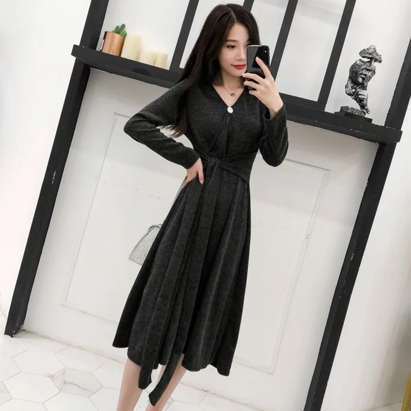 2018 Осень Зима Винтаж плюс размеры черный миди платья для женщин Корейский