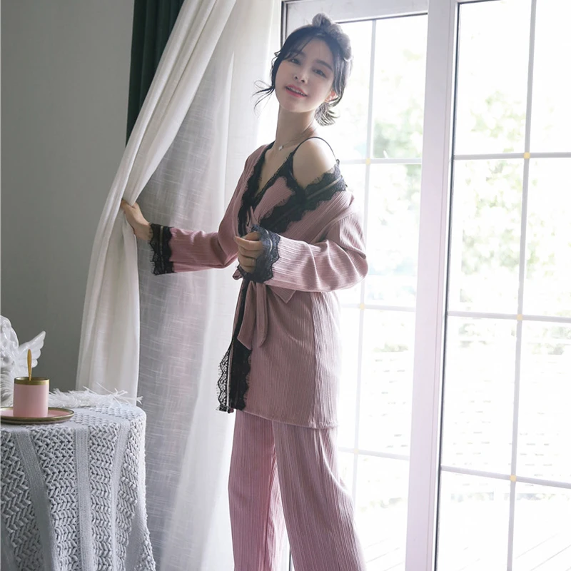 BZEL Autumn Winter Sexy Pajama Sets Long Sleeve Female Sleepwear Cotton Home Wears 3 Piece Suit Underwear V-neck Pyjamas | Женская