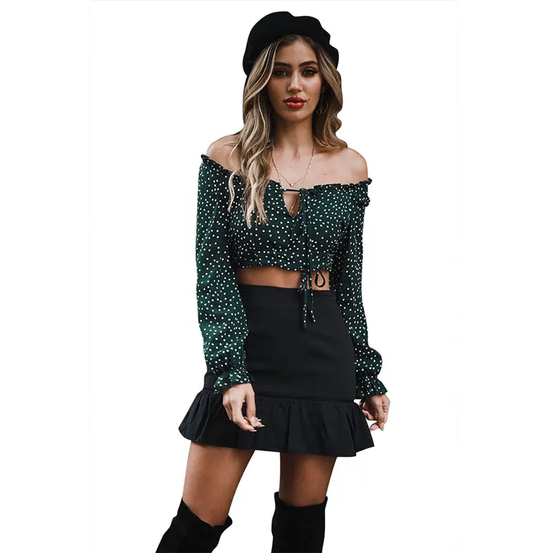 Darcydebie Autumn Women Fashion Short Blouses Slash neck Lace-up Full Sleeve Ruffles Polka Dot Print Dew Navel Shiffon Shirt Top |