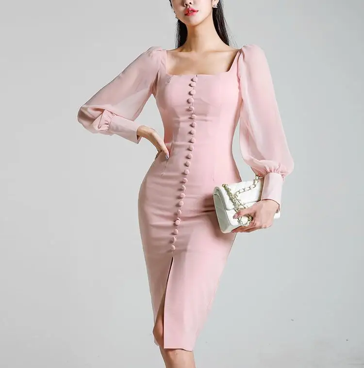 Платье карандаш с длинным рукавом и квадратным воротником Розовое Кружевное