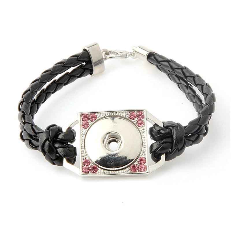 Мода Плетеный кожаный кнопки Браслеты изделия Fit 18 мм Пуговицы Серебряный тон с