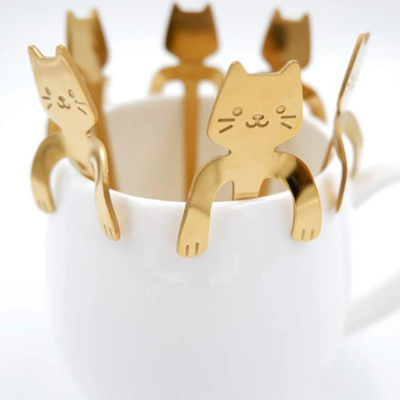HOT-6 Pcs Mini Cat Coffee Spoon Stainless Steel Hanging Cup Teaspoons Demitasse Kitten Design Stirring Cute Utensil | Дом и сад