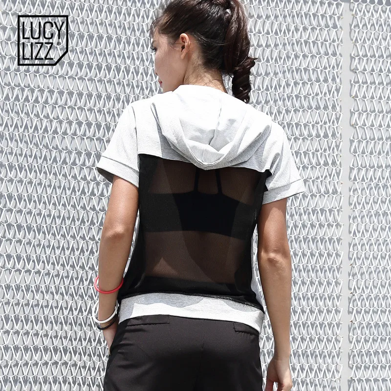 Lucylizz Черные Сетчатые спортивные рубашки топ с коротким рукавом капюшоном
