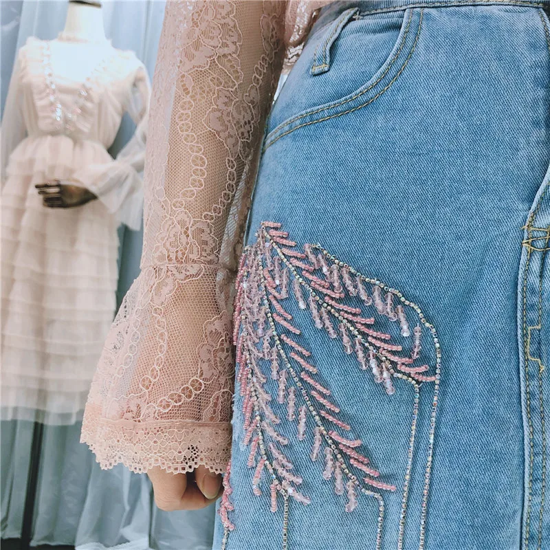 WHITNEY WANG 2019 весна лето мода уличная Beadings джинсовая юбка с вышивкой Женские юбки