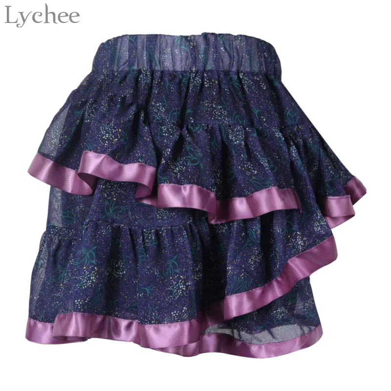 Lychee Harajuku Irregular Pleated Skirt Spring Summer A Line Floral Print Skirts Casual Sweet Knee-Length Short | Женская одежда