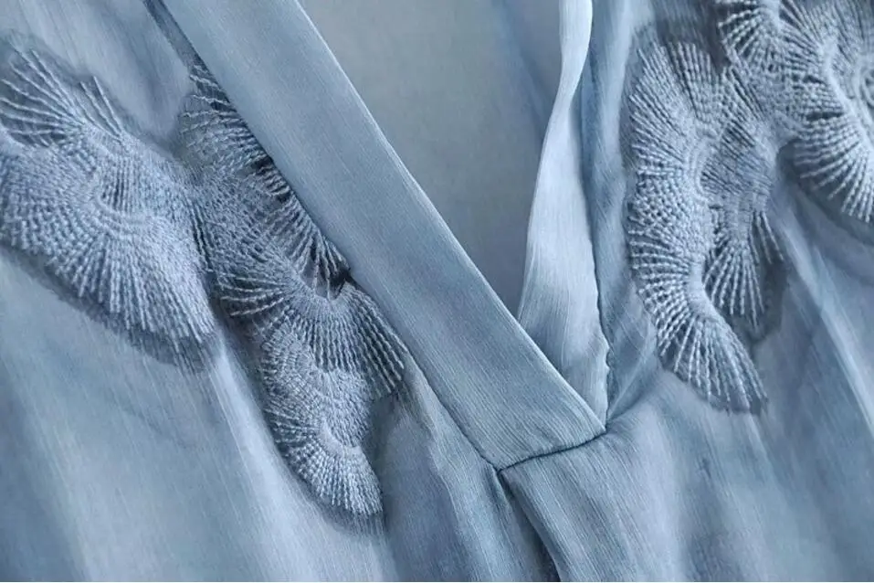 2019 новый летний Для женщин V шеи галстук краситель печати Вышивка шифоновое