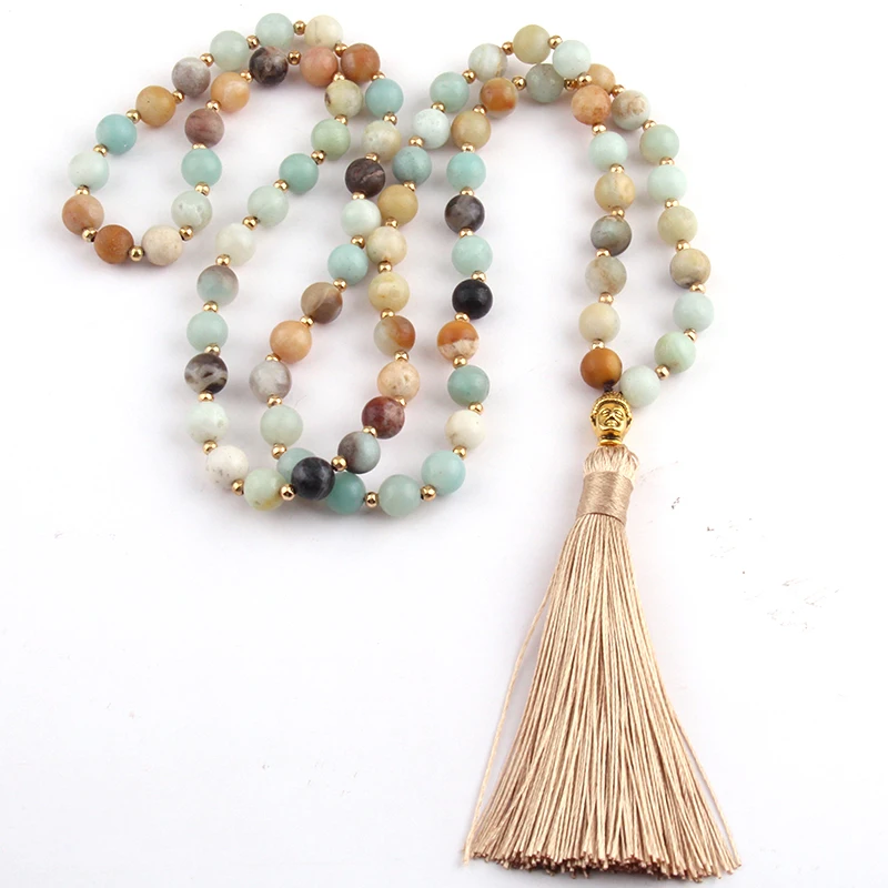 Fashion Bohemian Tribal Beige Tassel Yoga Jewelry Amazonite Stone Buddha Necklace For Women Lariat Necklaces | Украшения и