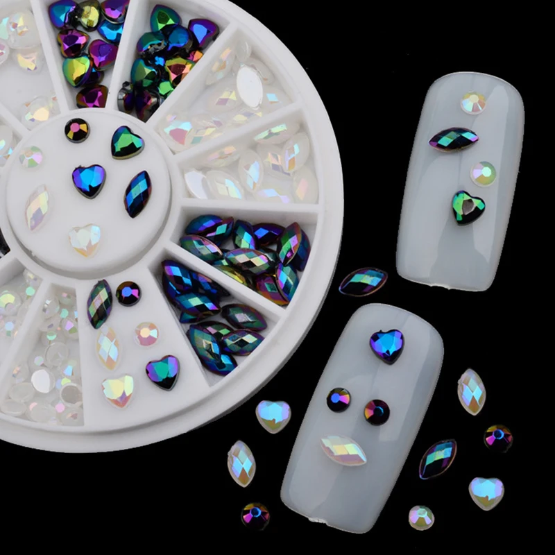 

White AB Black Glitter Nail Rhinestone Pearls Wheel Round Heart Designs Acrylic Flat Back Charm Nail Art Decorations