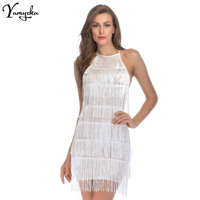 Сексуальное винтажное белое платье с бахромой и блестками летнее женское