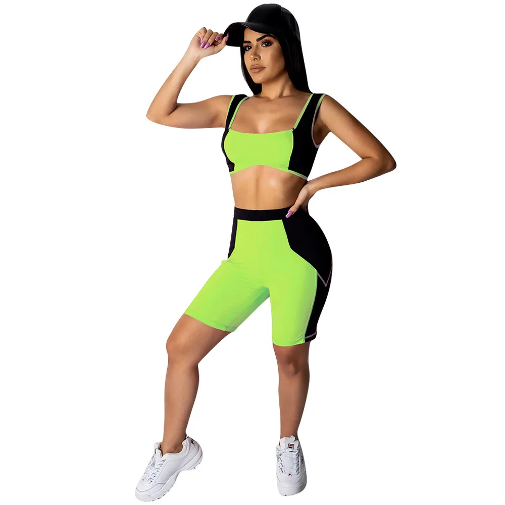 Adogirl women patchwork two pieces sets fluorescent bra tops hot pants casual skinny crop running suits summer |