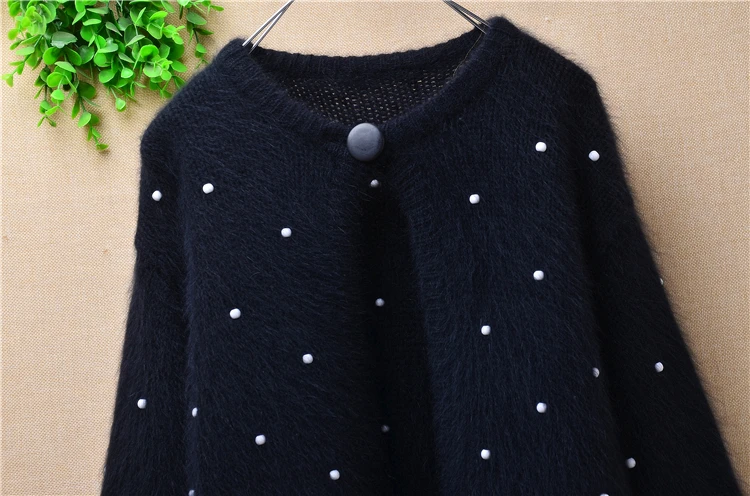 Ladies women tops black loose plush beading angora rabbit fur knitted long sleeves cardigan mantle sweater coat autumn winter |