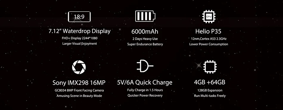 OUKITEL K9 7,1" FHD+ безрамочный экран капли воды Дисплей 6000 мА/ч, Батарея 5 V/6A Quick Charge смартфон 4 Гб 64 Гб 16MP/8MP Face ID мобильного телефона