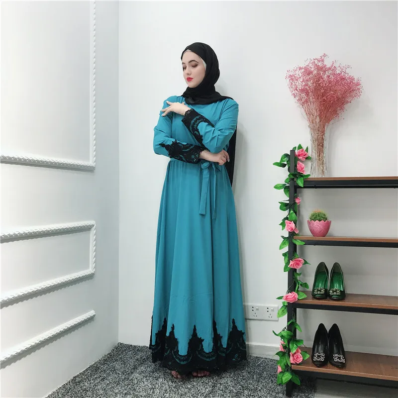 Мусульманское кружевное Макси платье abaya длинные халаты с поясом Туника jilбаб