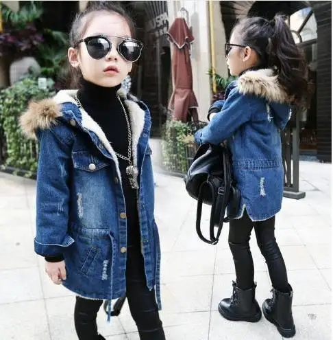 

Girls denim outerwear plus velvet thickening jackets 2019 winter trench with hoodies kids big virgin long down coat for boys