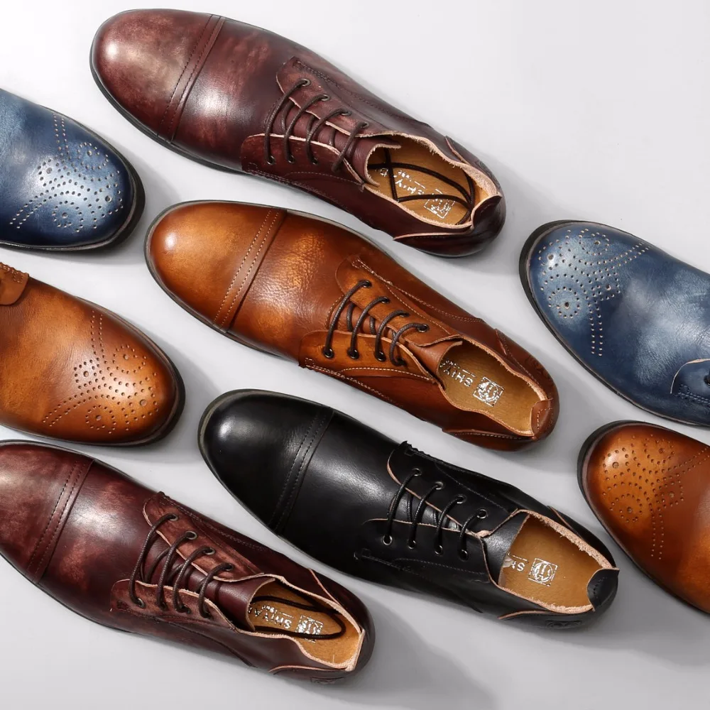 

Hot selling Vintage men's leather shoes retro round toe comfortable lace up casual oxfords British style black/brown flat shoes