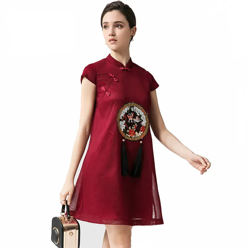 

Women's loose A-LineCheongsam Red Embroidery Sequins Modern Oriental short Qipao Evening Dresses New Chinese Traditional Dress