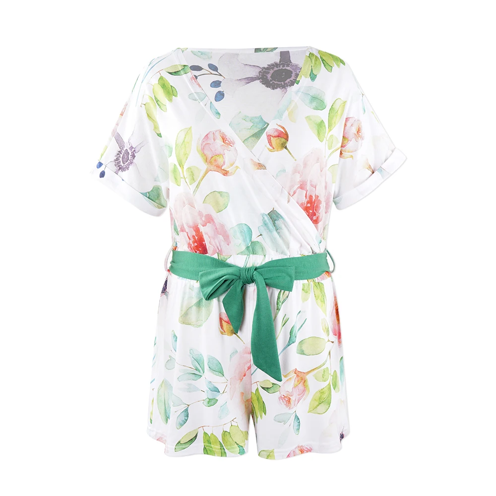 

Neatie kiddie Fashion Lady Summer Floral Print Women Rompers Onesies Sleepwear V-neck Short Sleeve Sashes Sexy Romper