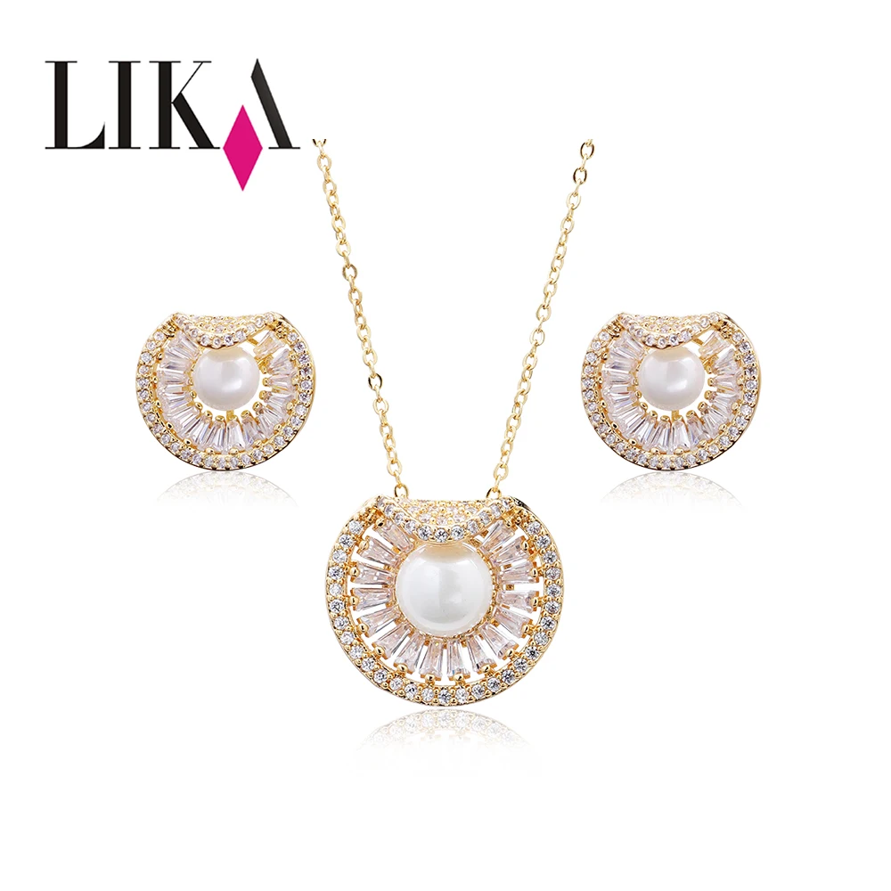 

LIKA Fashion Pearl Necklace Round Cubic Zircon Hypoallergenic Copper Necklace/Earrings For Women Jewelry Sets Choker Wholesale