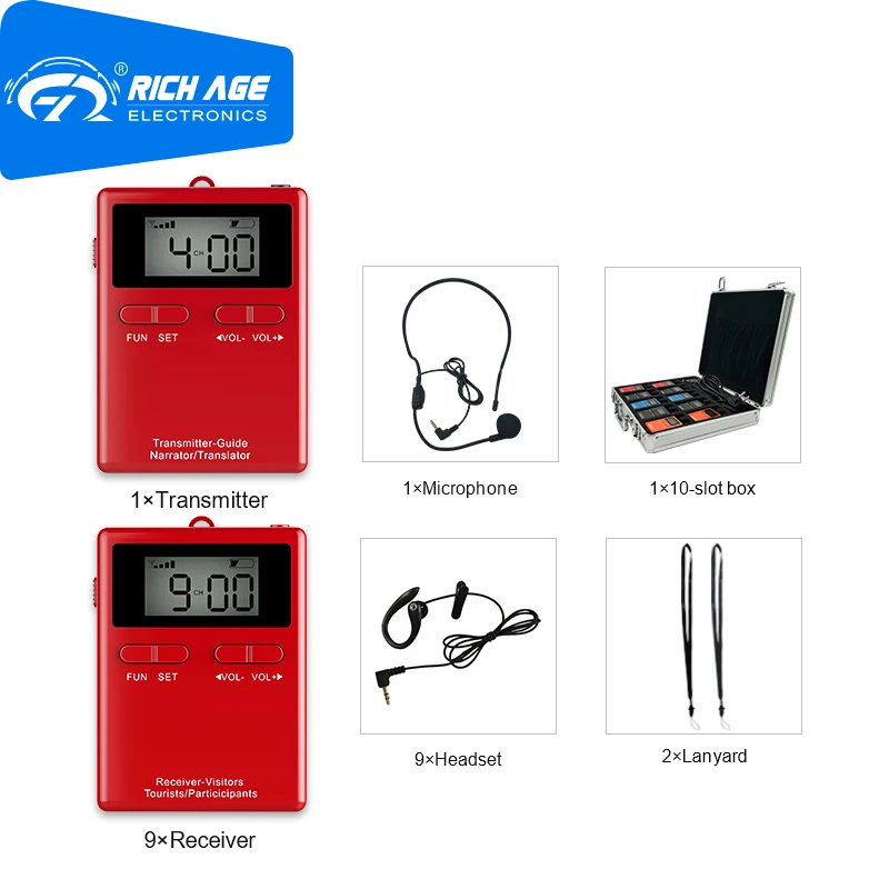 구매 RichiTek 투어 가이드 헤드폰 이어폰 송신기 1 개 + 콘덴서 마이크 포함 여행용 수신기 9 개