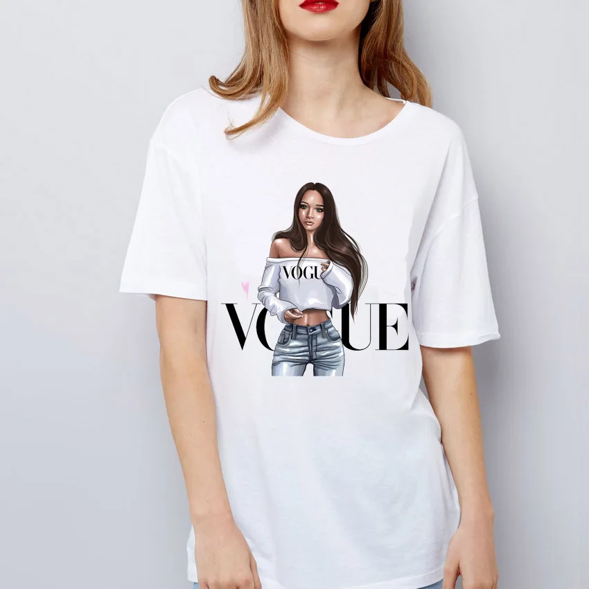 2019 летние женские футболки с рисунком Vogue для девочек топы коротким рукавом