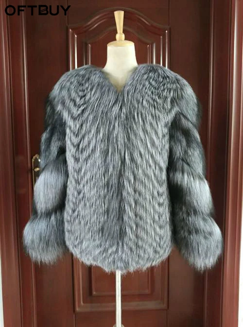 Женская Шуба OFTBUY теплая уличная куртка из натурального меха серебристой лисы