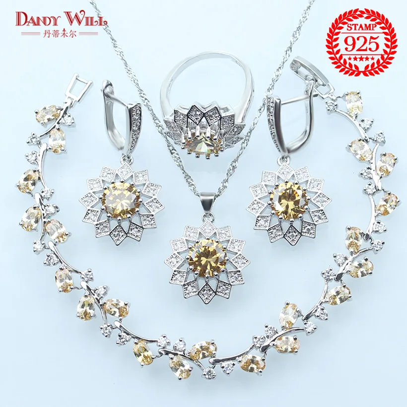 Champagne Zircon Bridal 925 Sterling Silver Jewelry Sets Earrings For Women Wedding Necklaces &amp Pendants Rings Bracelet | Украшения и