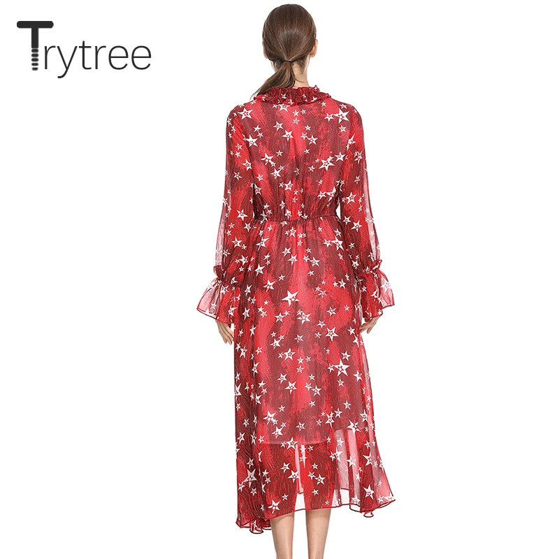 Trytree лето осень платье повседневное полиэстер принт звезда женские платья Бант