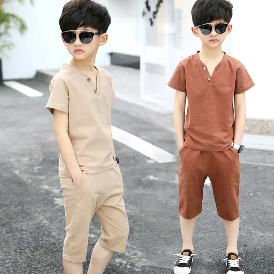 Baby Boys Clothing Sets 2018 New 2 Piece/Sets Short Sleeve+Shorts Solid Color Clothes For 6 8 10 12 14 Years Old |