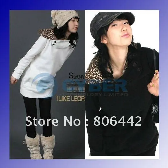 Womens Autumn Sweatshirts Hoodies Leopard Top Outerwear Parka Coats White/ Black Four Size free shipping|coat rabbit|hoodie mencoat white |