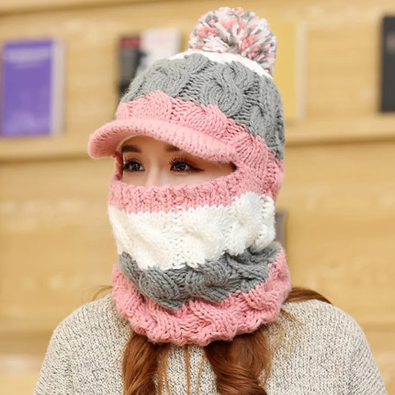 Autumn Winter Women Hat Scarf Set Casual Snow Cap Warm Plush Baggy Knitted Earflaps Beanies |